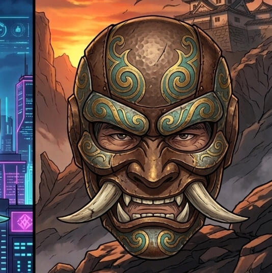 The Ronin-Bandido Stylized picture of the culmination of the personas that help craft Barrio Conscious Spiritualism into the energy for performing live or camera. The Ronin-Bandido is wearing Ba.Rz 86 trademark half Calavera eyemask and Half Oni Jaw mask.